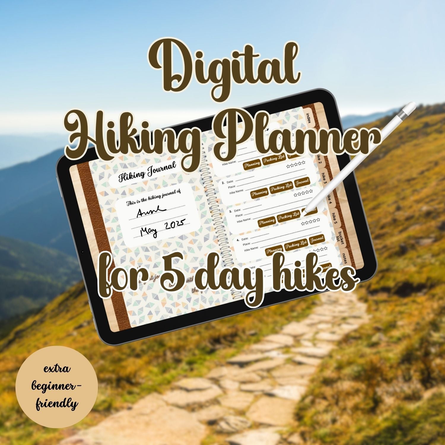 Digital Hiking Planner – 5 Day Hikes | Journal, Packing List & Checklist for Your Tablet