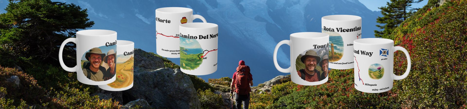 Milestone Mugs in front of Tour du Mont Blanc Background