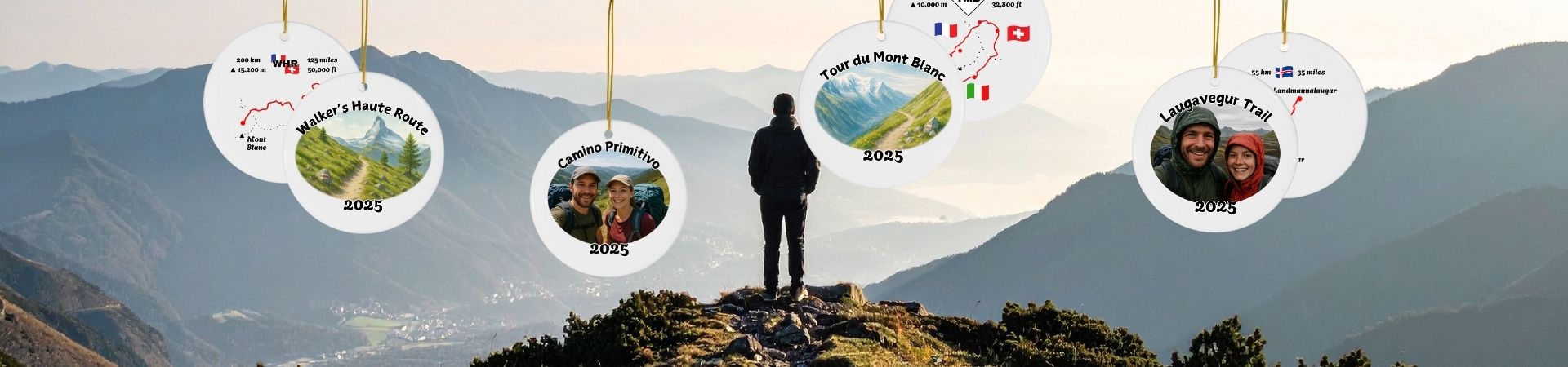 Milestone Ornaments in front of mountain hike landscape.