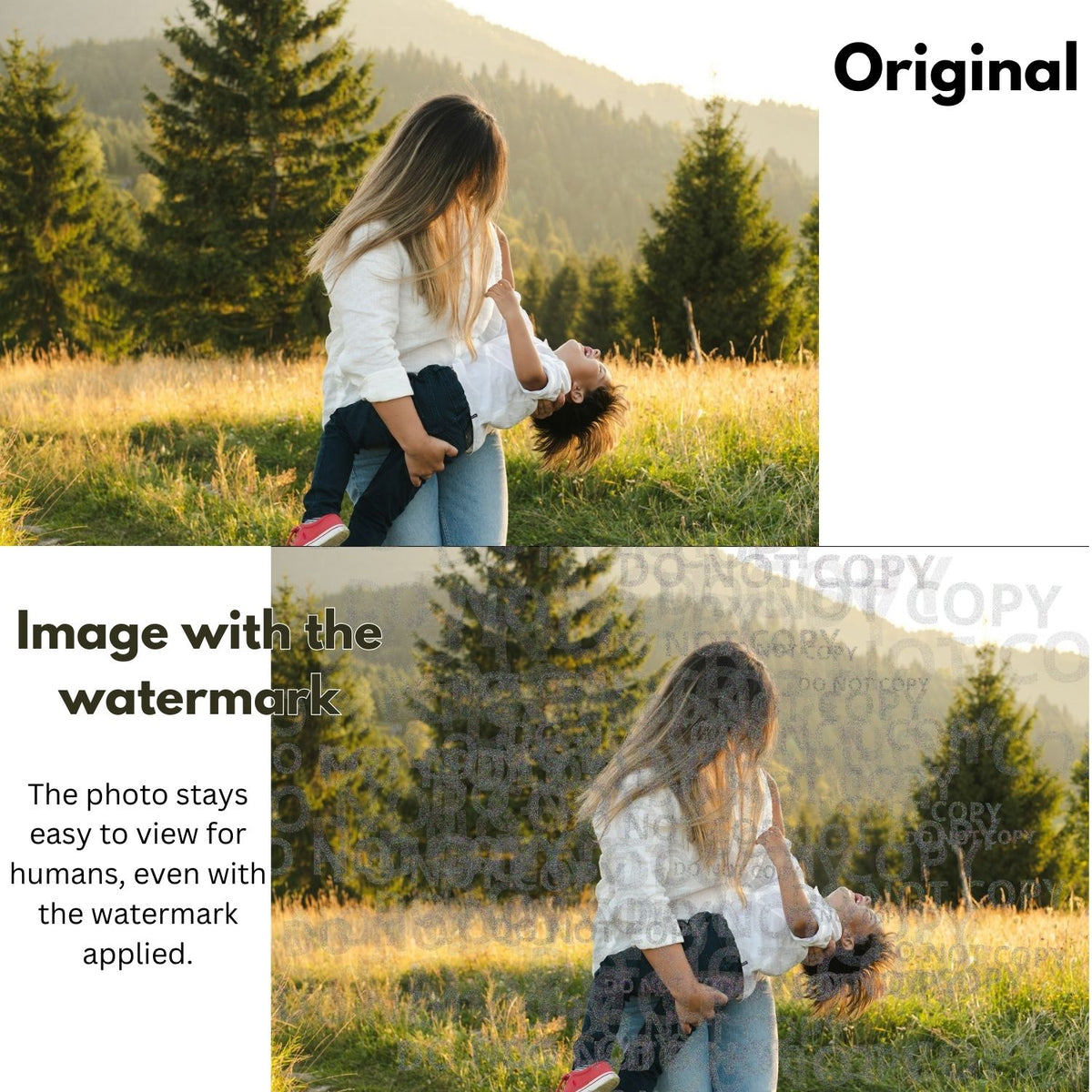 Comparison image with original photo and photo with the AI-safe “Do Not Copy” word cloud watermark applied. The watermark blends into the image while the photo remains easy to view for humans.