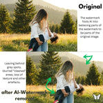 Comparison photo with original photo and image after attempted AI watermark removal, showing blurred areas, grey spots and loss of texture where the watermark was applied.