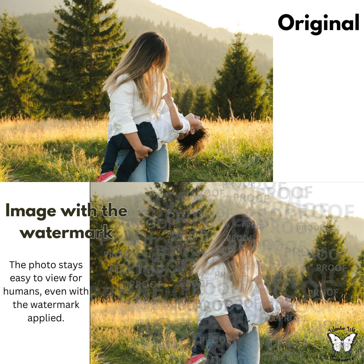 Comparison image with original photo and photo with the AI-safe “Proof” word cloud watermark applied. The watermark blends into the image while the photo remains easy to view for humans.
