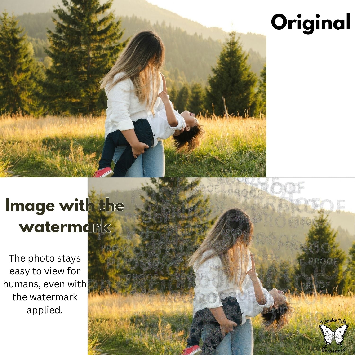 Comparison image with original photo and photo with the AI-safe “Proof” word cloud watermark applied. The watermark blends into the image while the photo remains easy to view for humans.