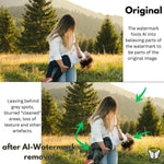 Comparison photo with original photo and image after attempted AI watermark removal, showing blurred areas, grey spots and loss of texture where the watermark was applied.