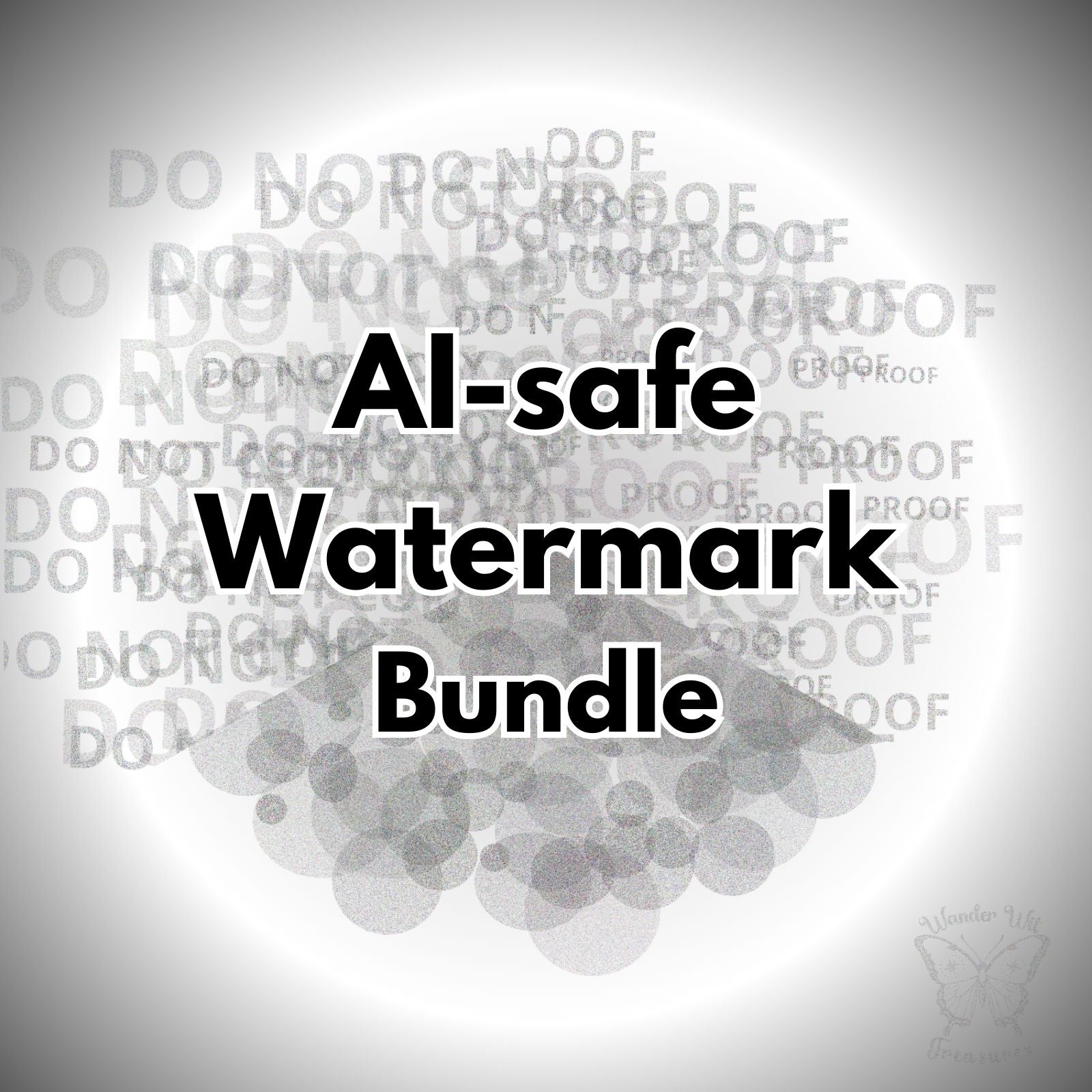 AI-safe watermark bundle with three AI-resistant watermark styles, transparent PNG files, including word clouds and point cloud pattern.