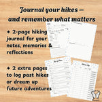 Hiking journal with pages on a wooden surface
