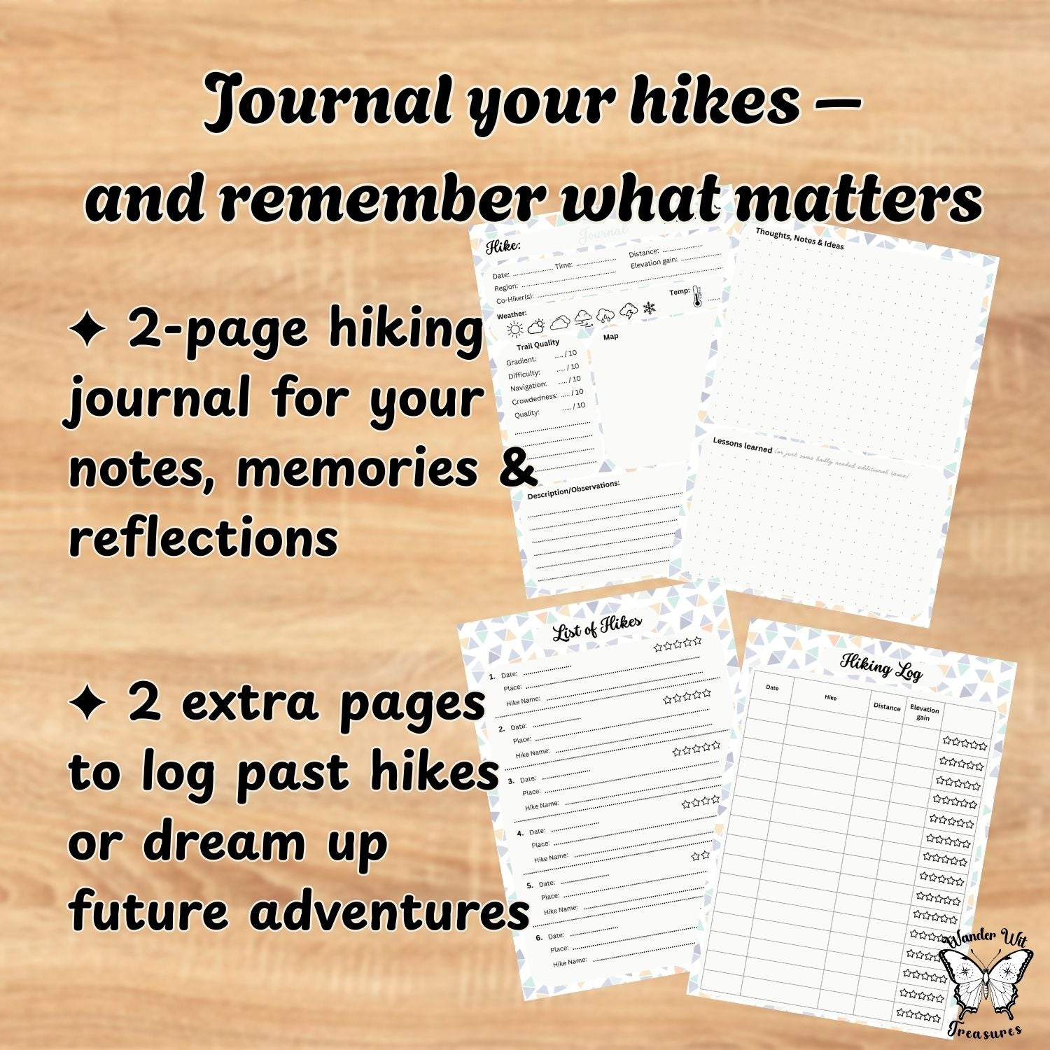 Hiking journal with pages on a wooden surface