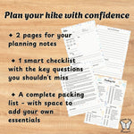 Hiking planning sheets with text on a wooden background
