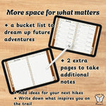 Open notebook with pages of a bucket list on a wooden surface