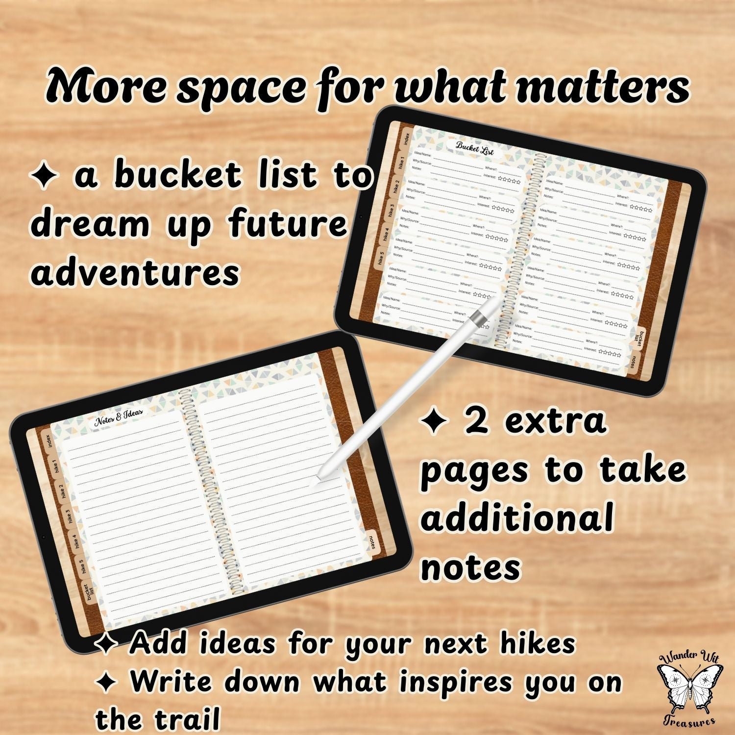 Open notebook with pages of a bucket list on a wooden surface