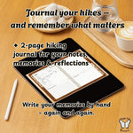 Hiking journal on a tablet with a cup of coffee and snacks on a wooden table