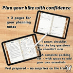 Hiking planning guide with checklists and notes on a wooden background