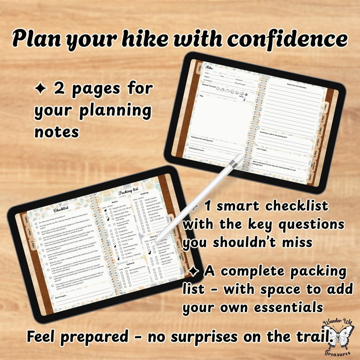 Hiking planning guide with checklists and notes on a wooden background