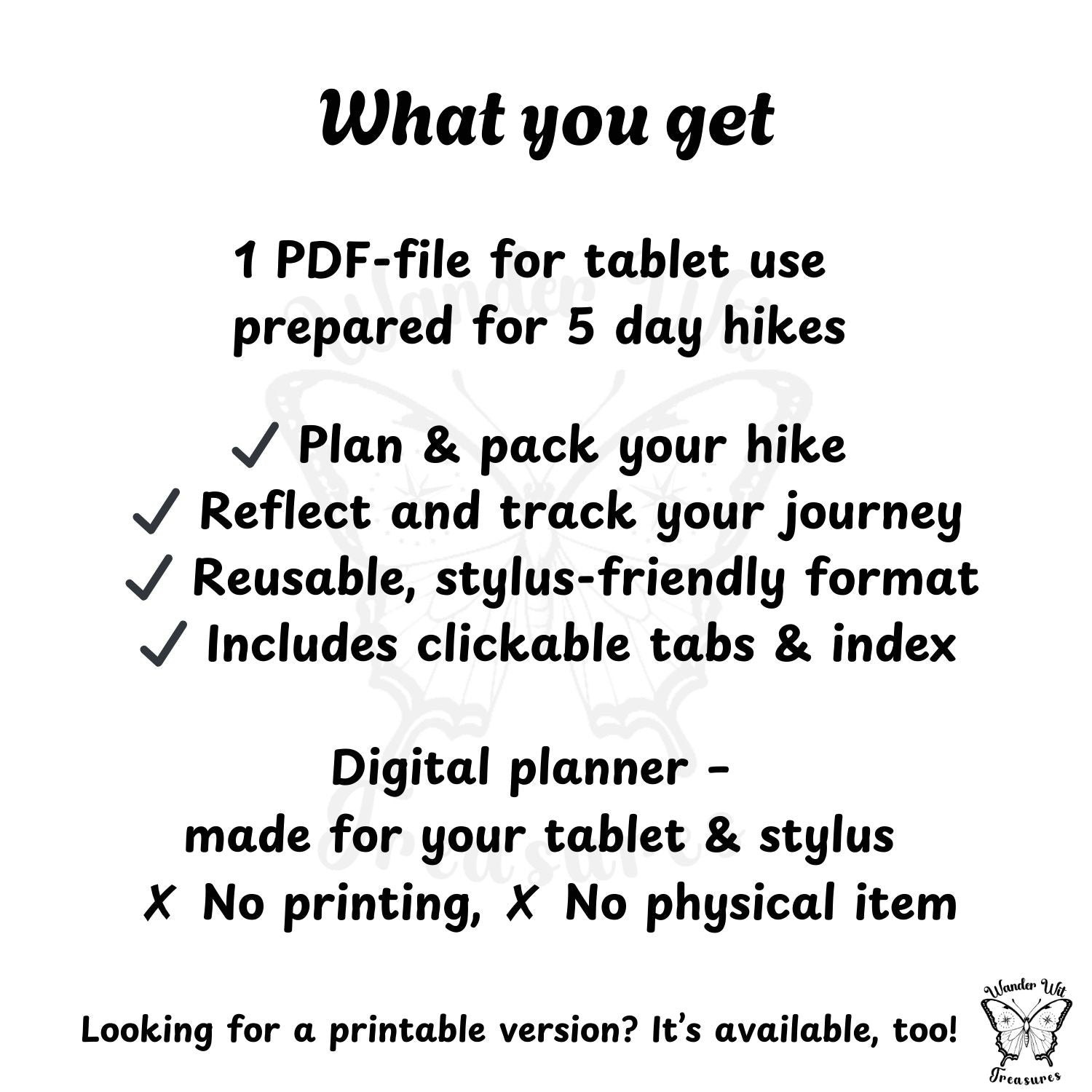 Text describing a digital hiking planner for tablets with features and benefits.