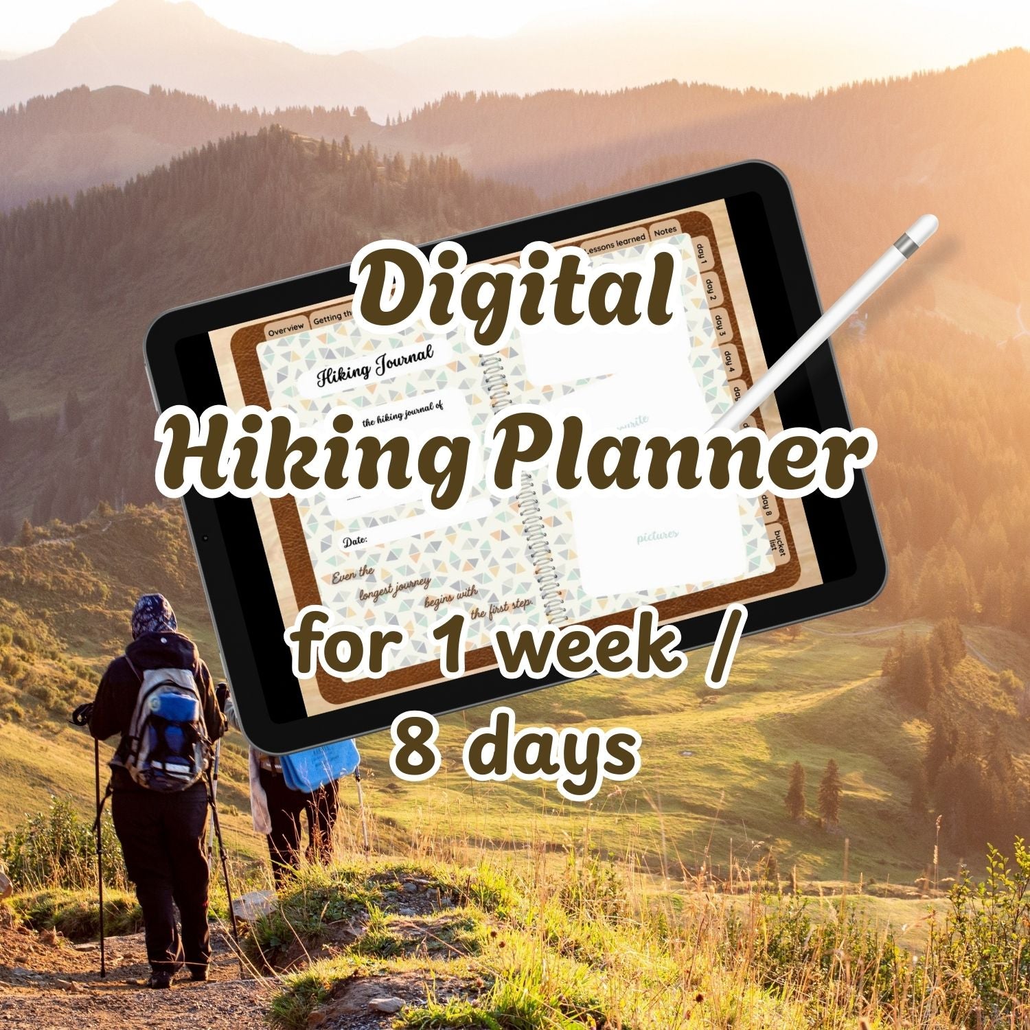 Digital hiking planner on a tablet with a mountainous landscape in the background