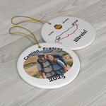 Personalized Camino Frances Ornament shown with both sides on a white table