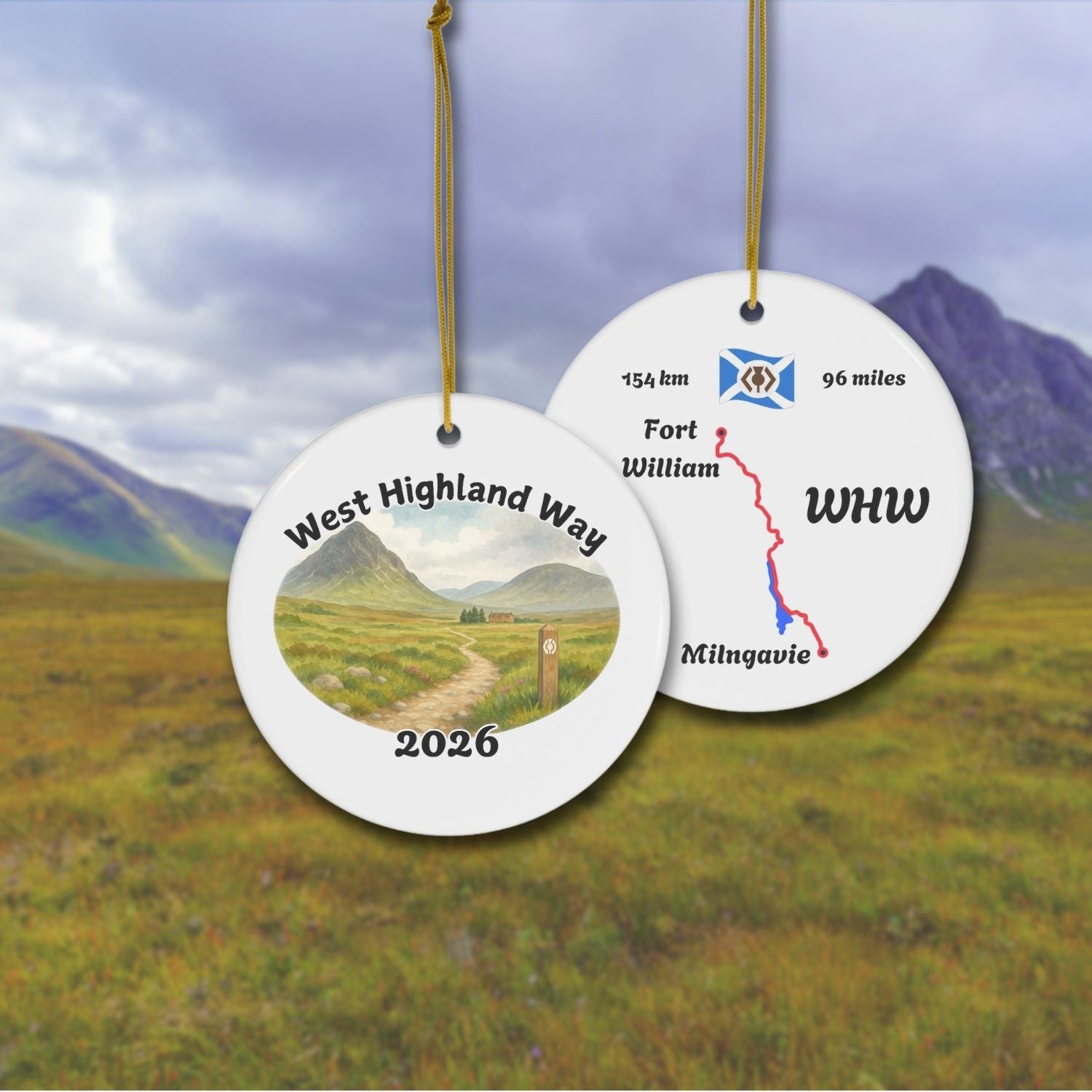 West Highland Way ceramic ornament with watercolor mountain trail scene and map, front shows trail and year 2026, back shows WHW route from Milngavie to Fort William. Personalizable keepsake for hikers.