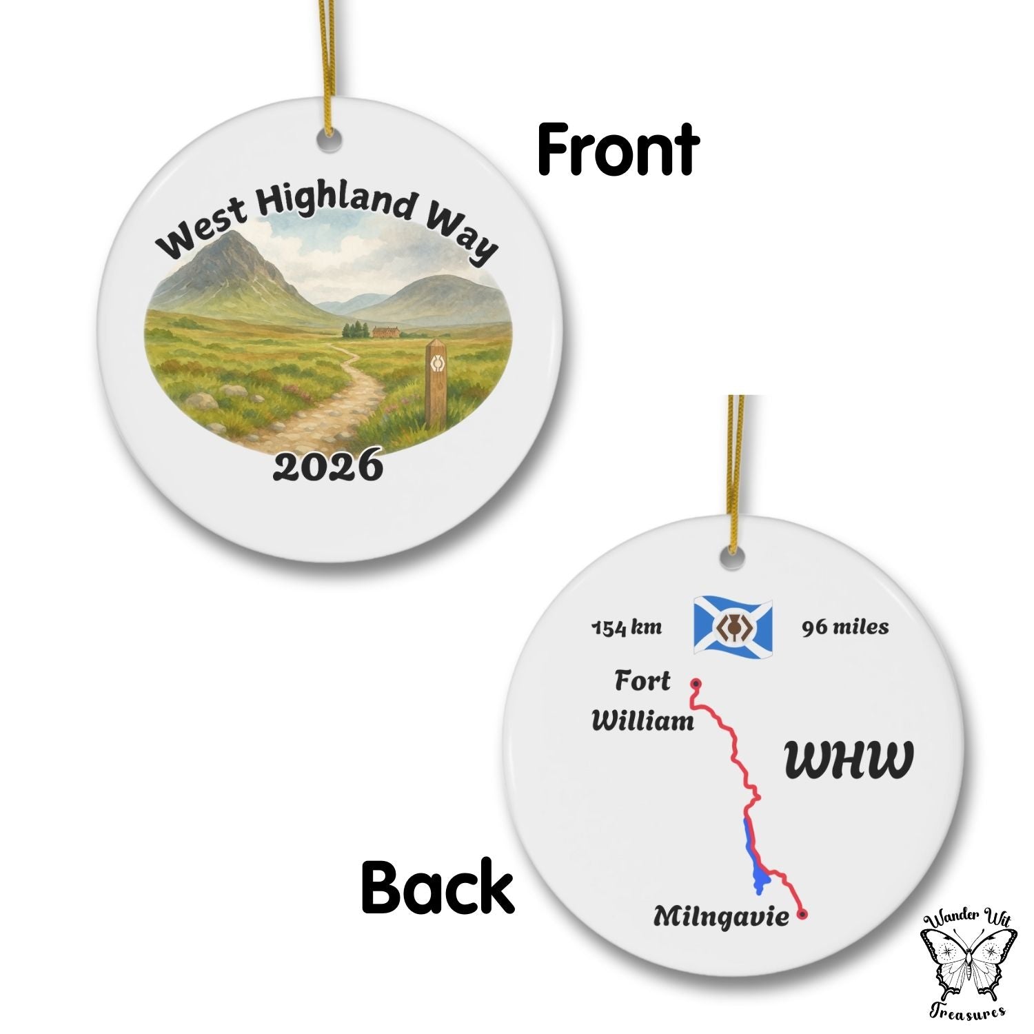 Detailed view of West Highland Way hiking ornament, front with watercolor path and mountains, back with route map, trail logo, distances in km and miles. Customizable hiking memento.
