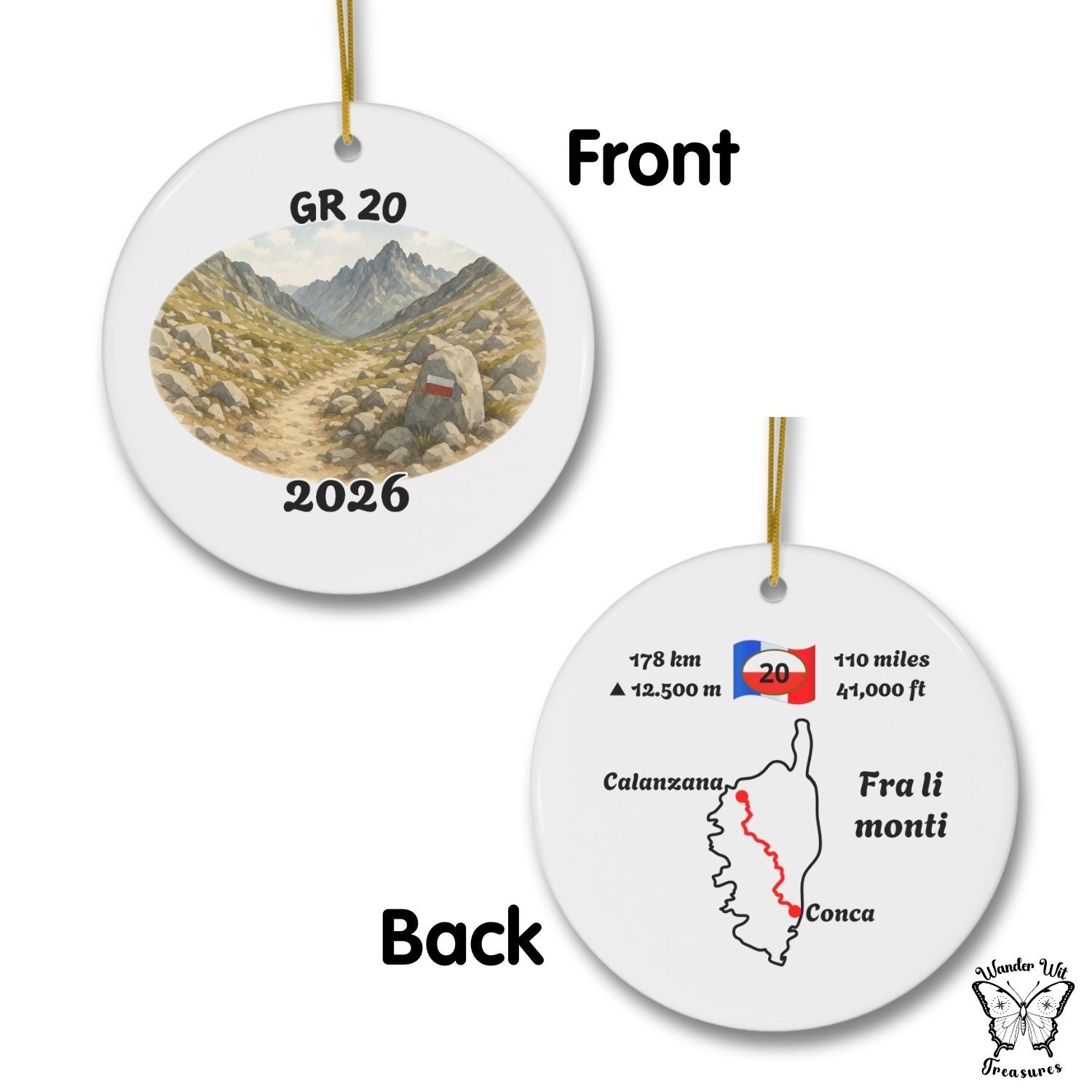 Double-sided GR 20 trail ornament showing watercolor mountain front with GR 20 marker and standard route map back with distance in km and miles.