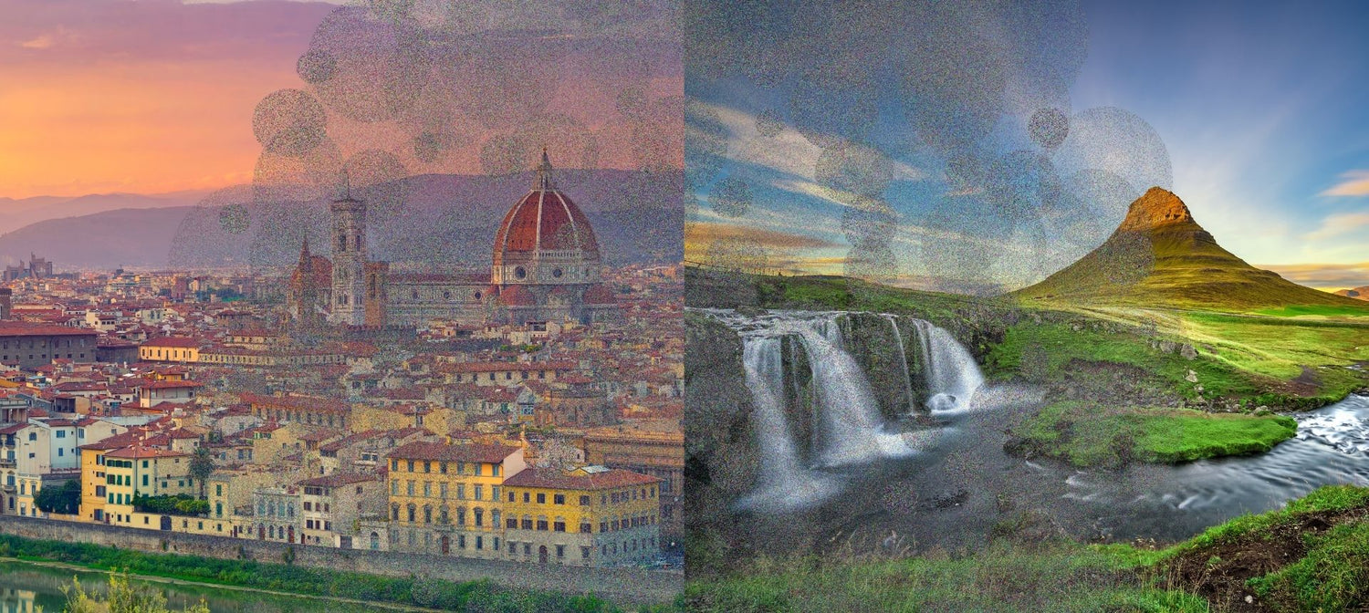 Two scenic images: one of a cityscape with a prominent building, the other of a waterfall and mountain landscape.