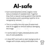Explanation graphic showing how AI-safe word cloud watermarks turn text into organic noise textures that are hard for AI to detect or remove.