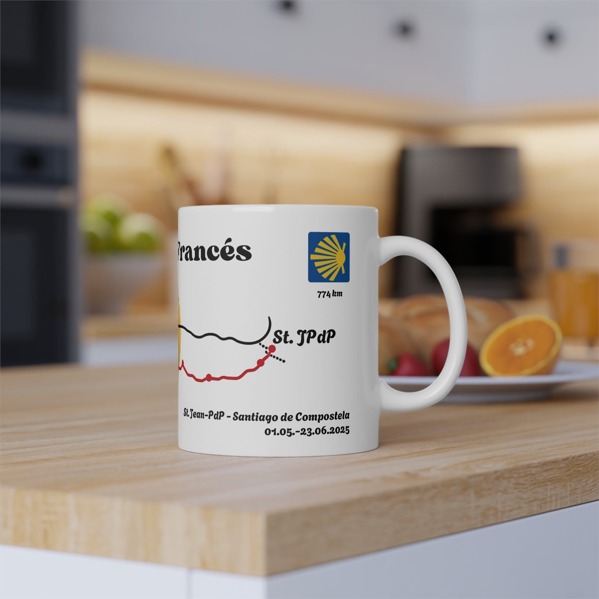Personalised Camino Frances Mug in warm kitchen setting.