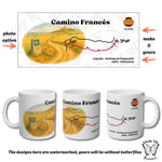 Camino Frances-themed mugs with a map design on a white background