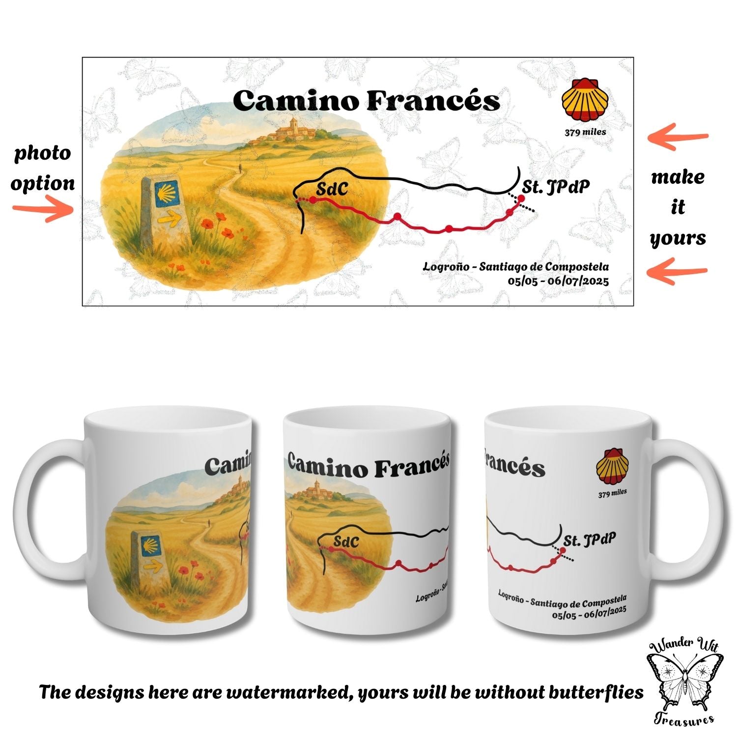 Camino Frances-themed mugs with a map design on a white background