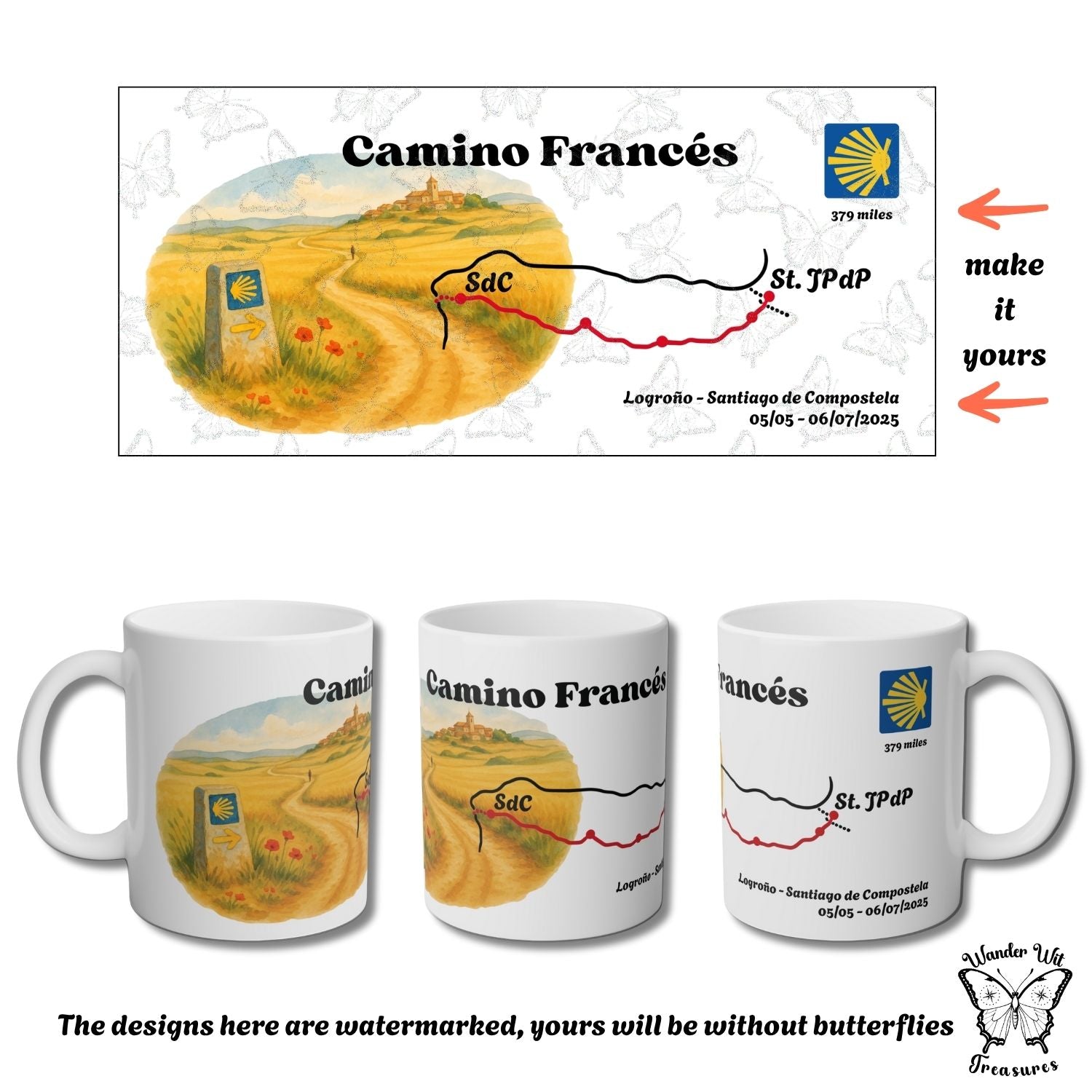 Camino Frances-themed mugs with a map design on a white background