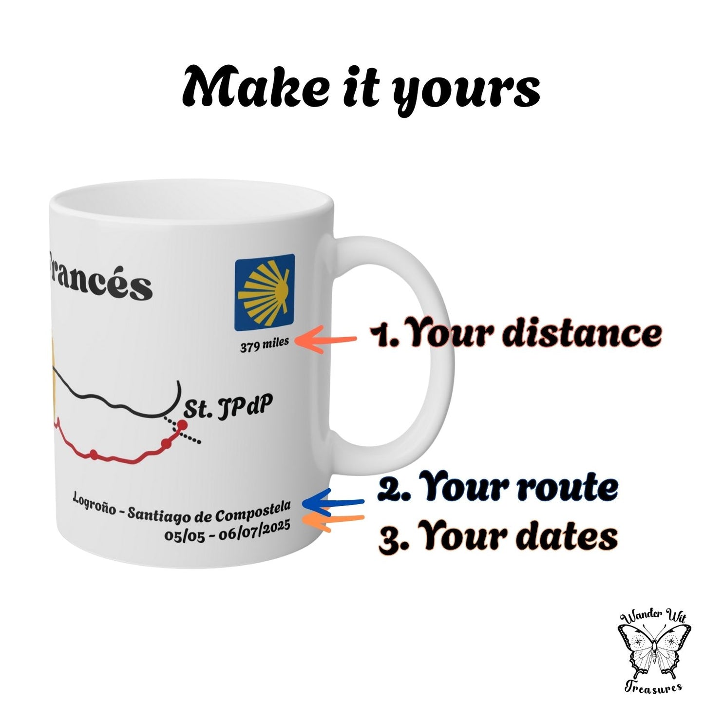 Mug with personalized pilgrimage route design and text 'Make it yours' on a white background.