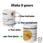 Mug with personalized pilgrimage route design and text 'Make it yours' on a white background.
