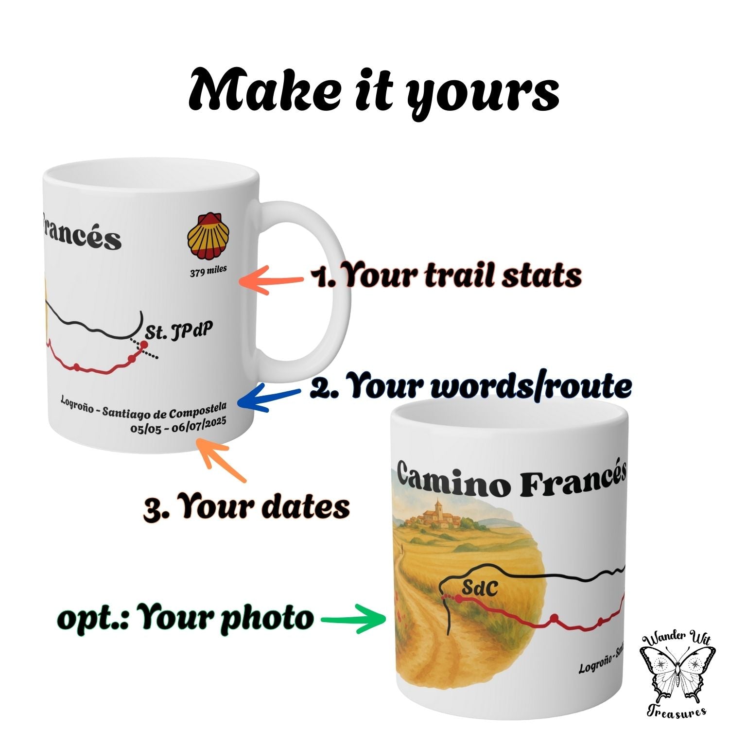 Mug with personalized pilgrimage route design and text 'Make it yours' on a white background.