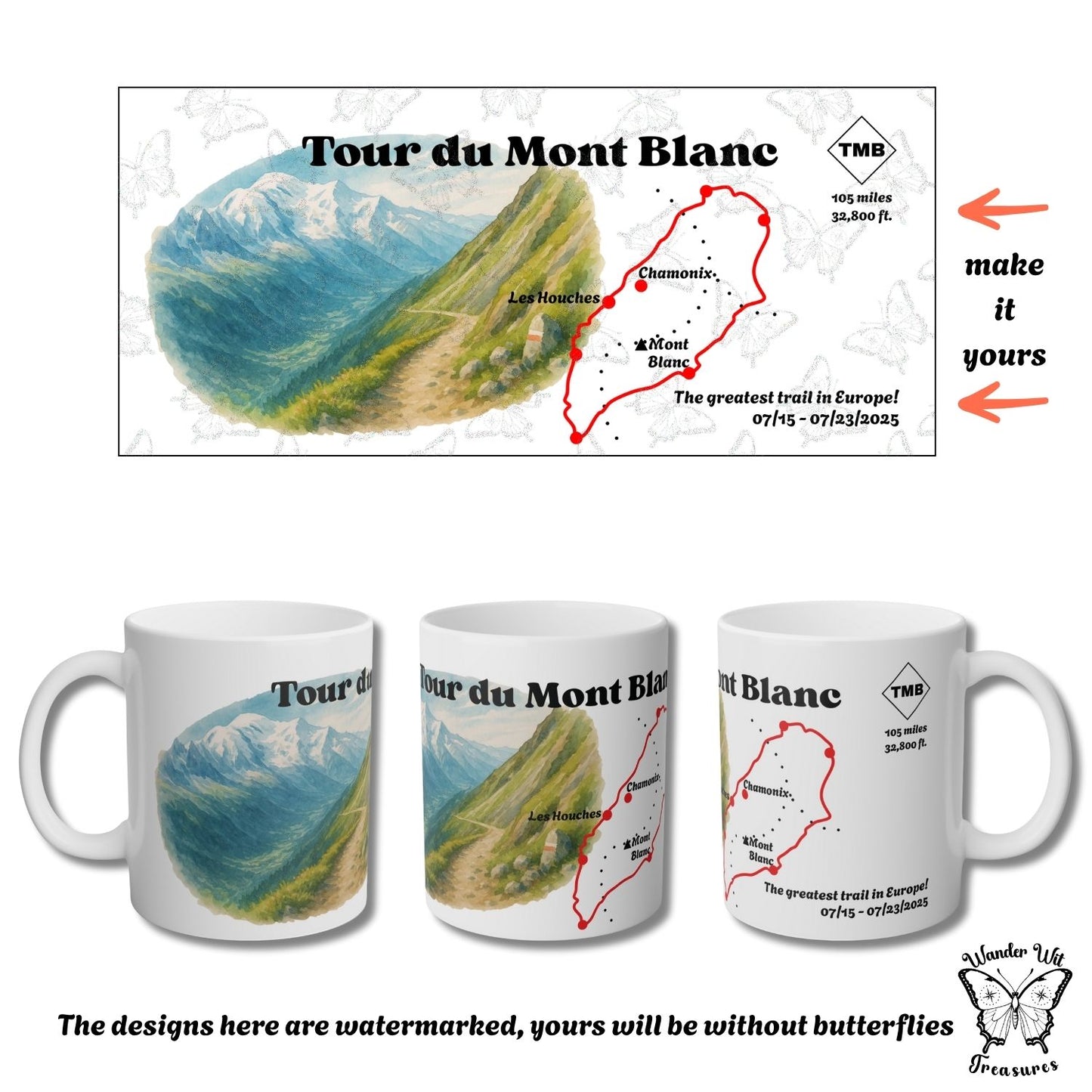 Tour du Mont Blanc mug with full wraparound design, showing mountain view and customisable trail map – watermark only for preview.
