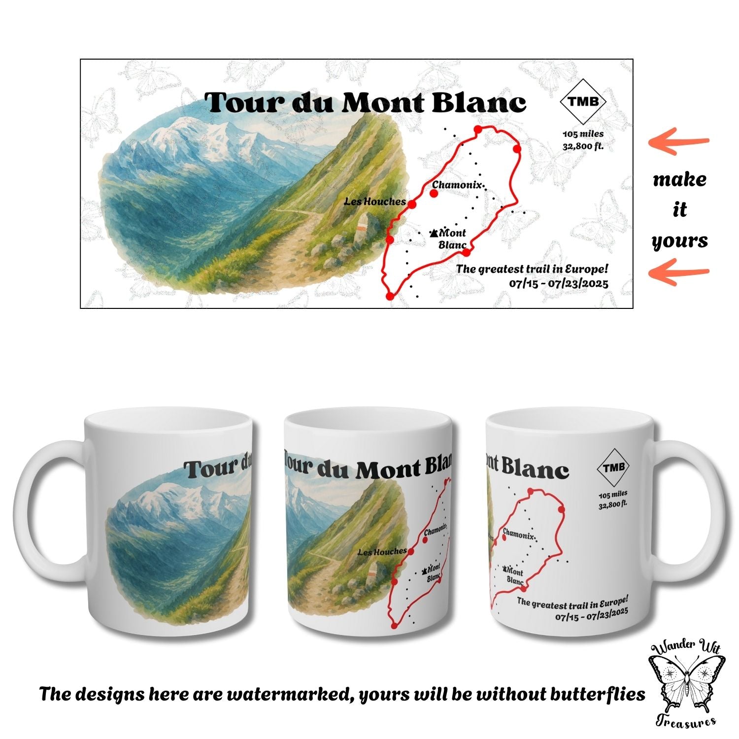 Tour du Mont Blanc mug with full wraparound design, showing mountain view and customisable trail map – watermark only for preview.