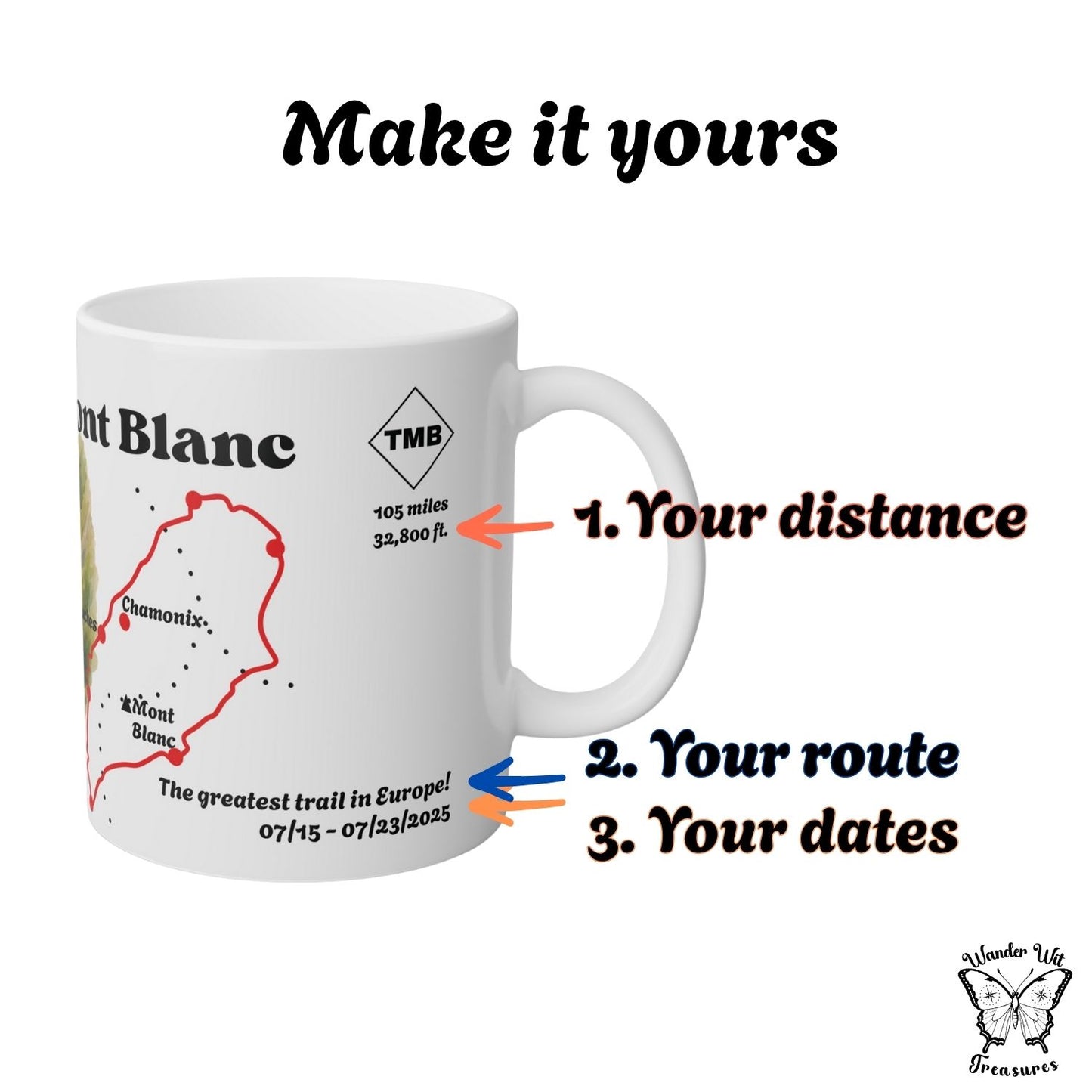 Detail view of Tour du Mont Blanc mug highlighting three customisation options: your distance, your route, your dates.