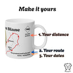Detail view of Tour du Mont Blanc mug highlighting three customisation options: your distance, your route, your dates.