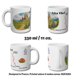 Four-view mockup of the Alta Via 1 mug showing all sides of the design, with the note: “Designed in France. Printed where it makes sense. EU/CA/US.”