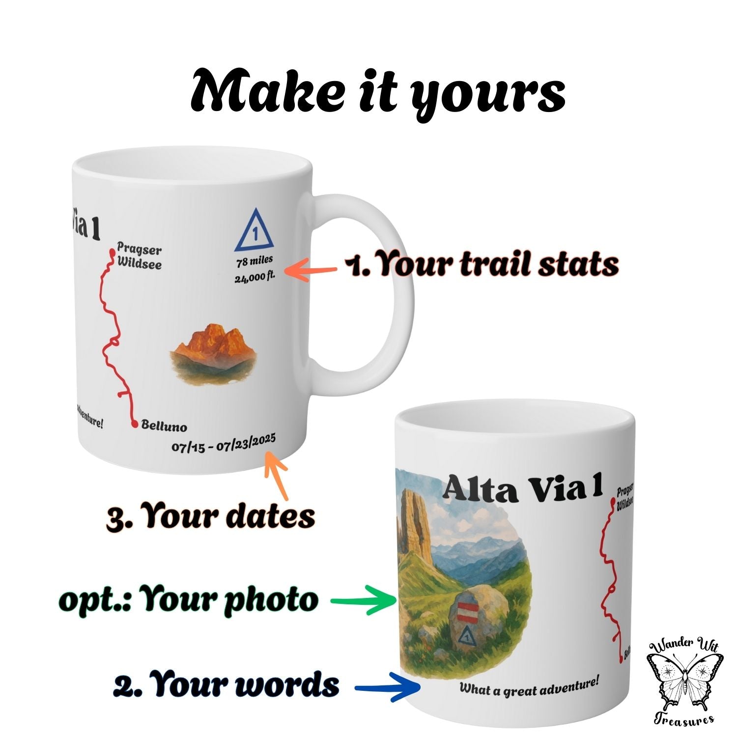 Mockup of the customizable Alta Via 1 mug with labels showing where you can add your distance, your travel dates, and your own words below the watercolor scene.