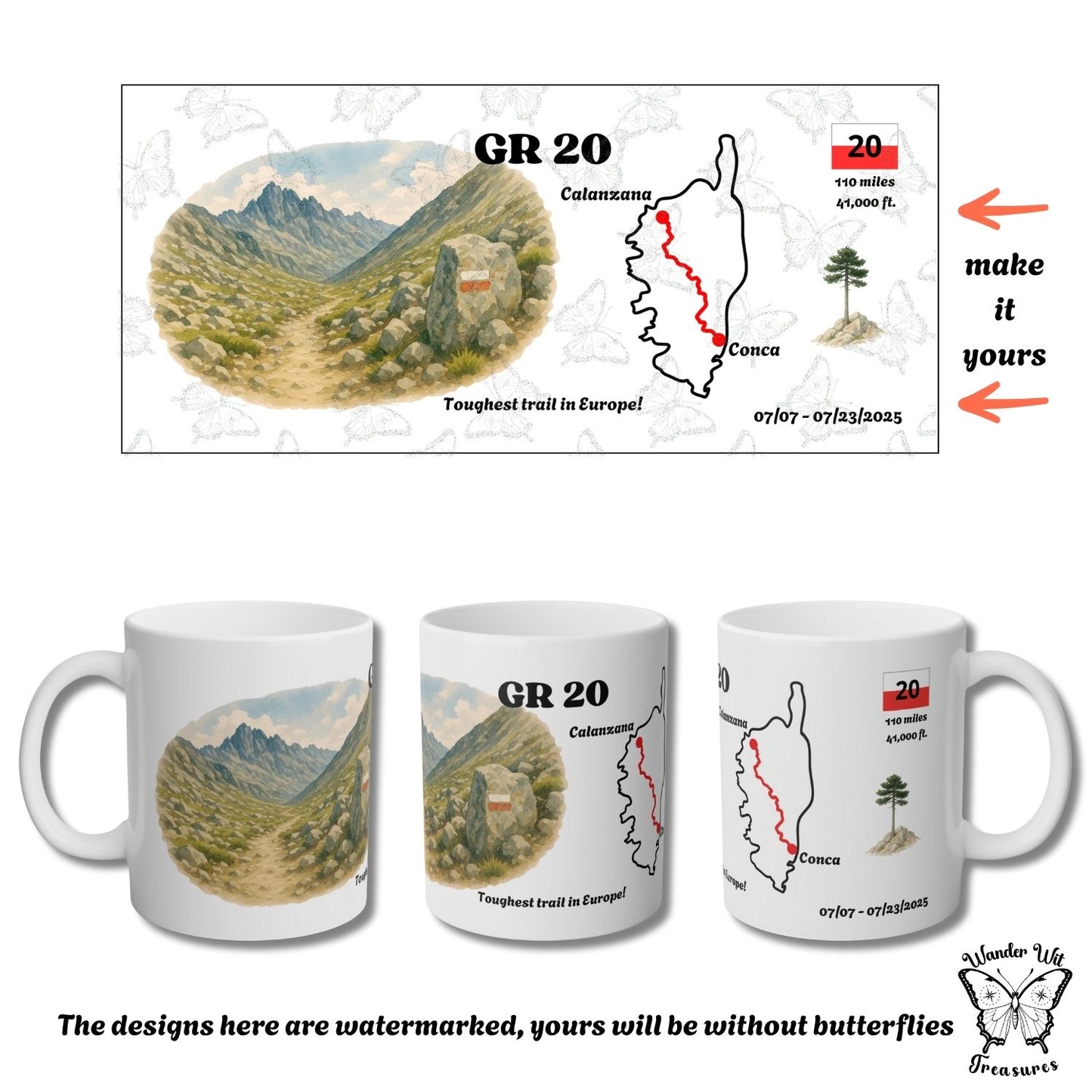 Full wraparound design for the GR20 mug including trail map, mountain illustration, and personalisation areas. Preview includes three product views.