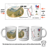Full wraparound design for the GR20 mug including trail map, mountain illustration, and personalisation areas. Preview includes three product views.