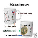 GR20 hiking mug showing customisation options: distance in km or miles, tour dates, and a personal message. Labels highlight editable fields.