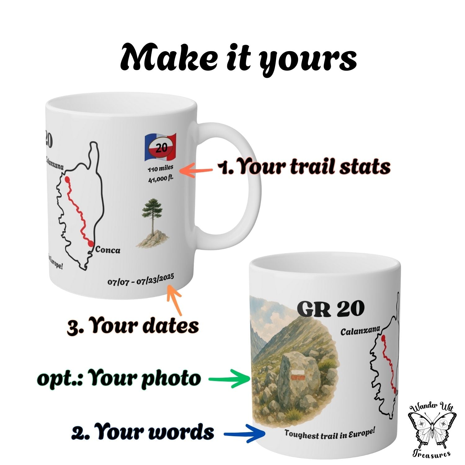 GR20 hiking mug showing customisation options: distance in km or miles, tour dates, and a personal message. Labels highlight editable fields.
