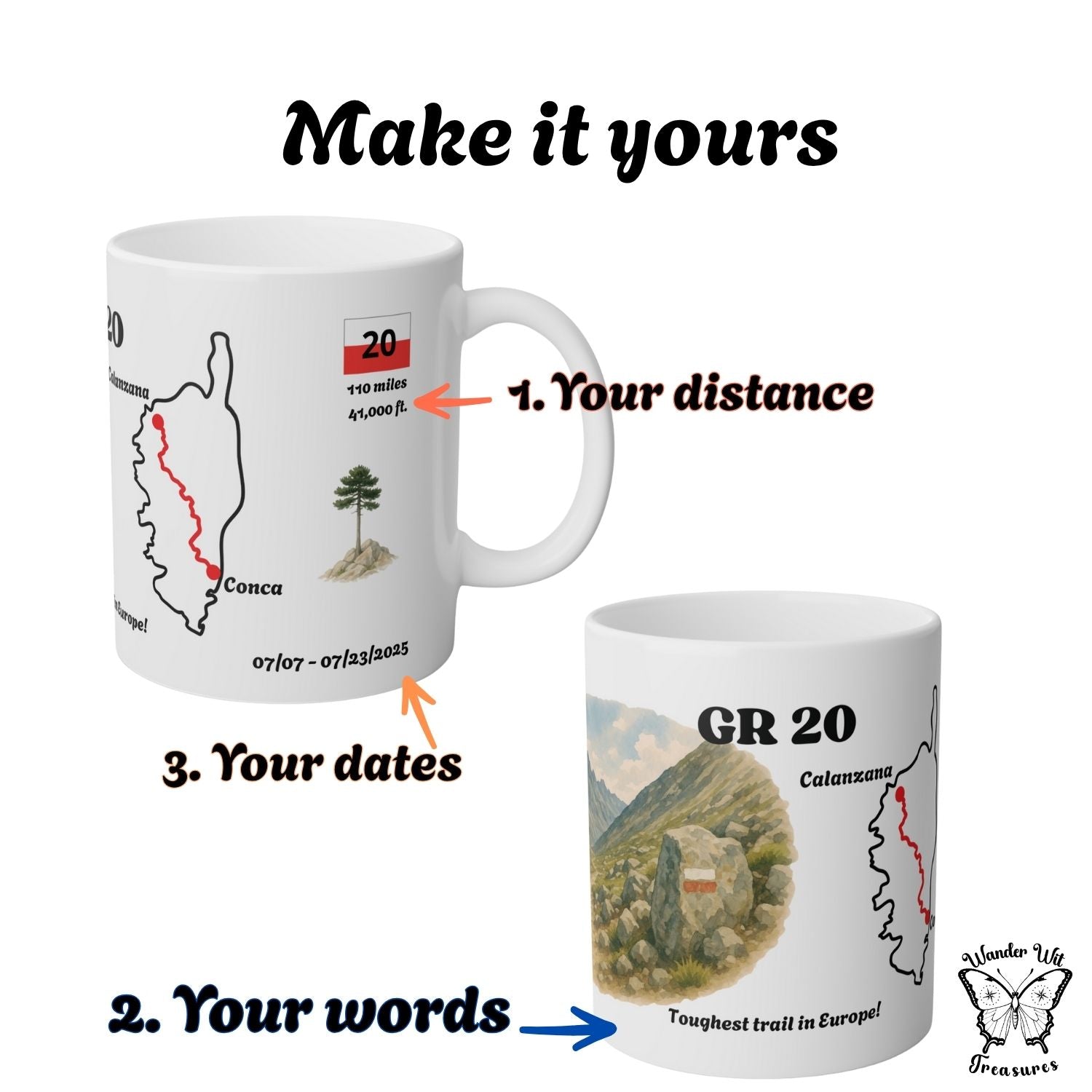 GR20 hiking mug showing customisation options: distance in km or miles, tour dates, and a personal message. Labels highlight editable fields.
