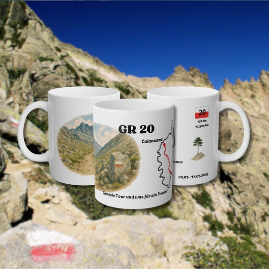 Three-sided view of the GR20 hiking mug with Corsican mountain scenery in the background. Shows the trail design, map, and custom text option.