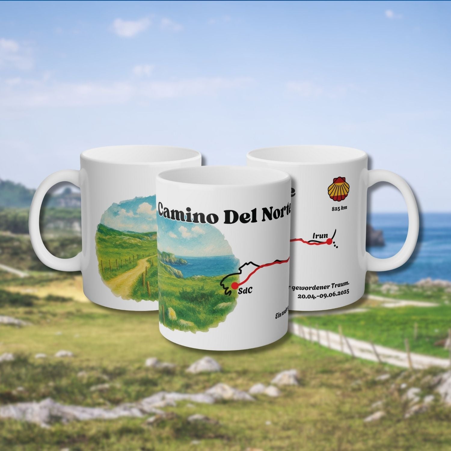 Three-angle view of the mug showing the Camino del Norte wraparound design with coastal watercolor, route map and scallop shell.