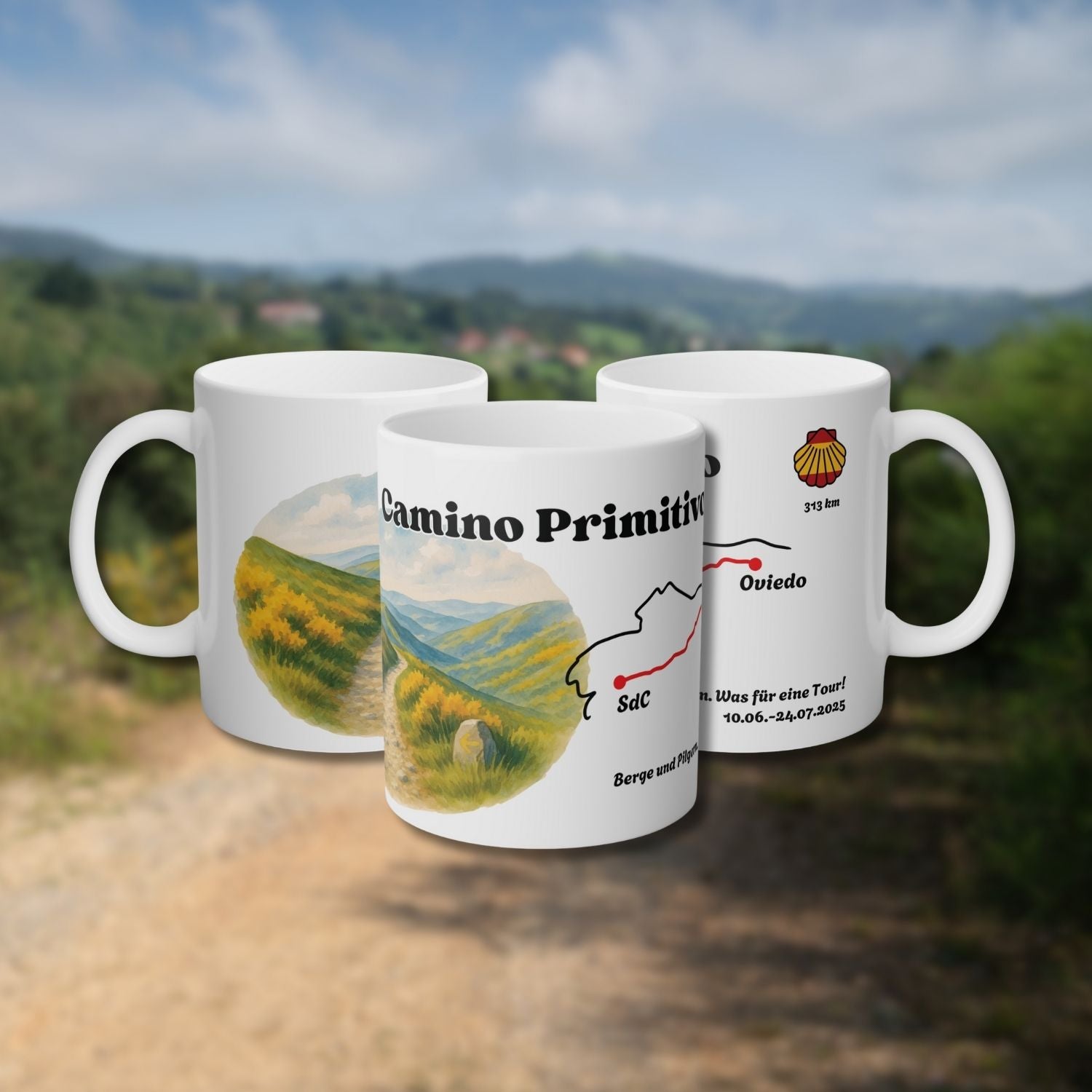 Three-angle view of the Camino Primitivo mug with watercolor mountain landscape and wraparound route map Oviedo–Santiago; customizable.