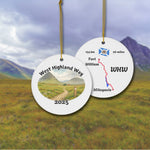 West Highland Way ceramic ornament with watercolor mountain trail scene and map, front shows trail and year 2025, back shows WHW route from Milngavie to Fort William. Personalizable keepsake for hikers.