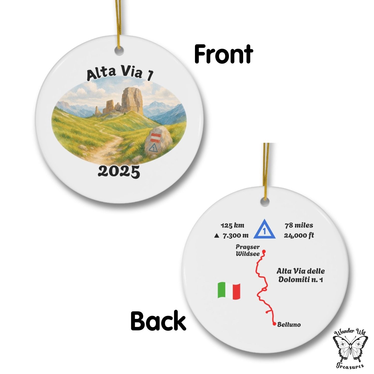 Front and back view of the Alta Via 1 ceramic ornament showing the watercolor trail artwork on the front with year 2025 and the customizable trail map on the back with distance and elevation for hikers.
