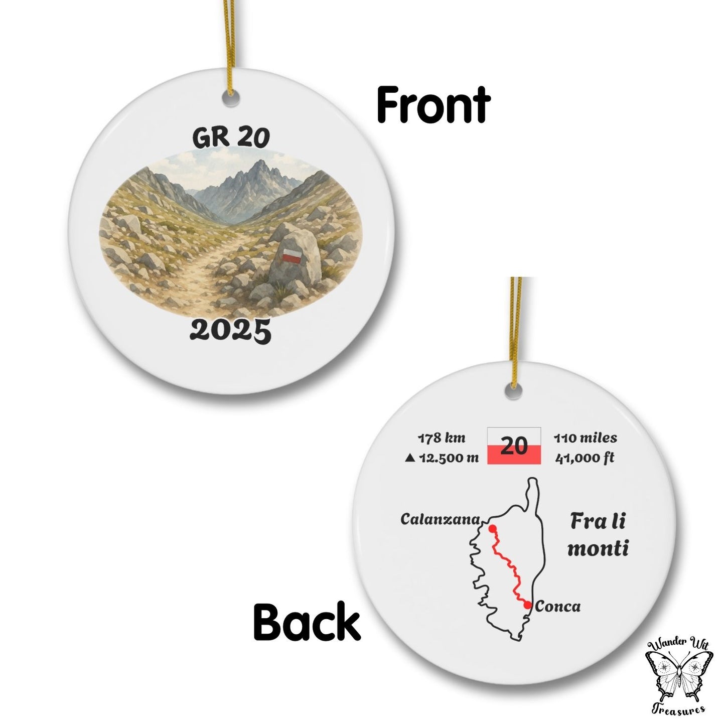Double-sided GR 20 trail ornament showing watercolor mountain front with GR 20 marker and standard route map back with distance in km and miles.