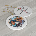 Two circular ornaments with 'Rota Vicentina' design showing front and back of Historical Way trail design on a wooden surface